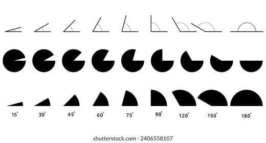 15,30,45,60,75,90,120,150,180 degree icon set.degree of arc and pie chart icon svg