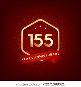 155 years anniversary. Anniversary template design with gold number and red ribbon, design for event, invitation card, greeting card, banner, poster, flyer, book cover and print. Vector Eps10