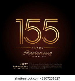 155 years anniversary, anniversary template design with double line number and golden text for birthday celebration event, invitation, banner poster, flyer, and greeting card, vector template