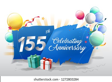 155th anniversary celebration with colorful confetti and balloon on blue background with shiny elements. design template for your birthday party. - Vector