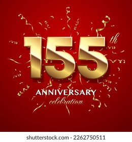 155th Anniversary Celebration. logo design with golden numbers and text for birthday celebration event, invitation, wedding, greeting card, banner, poster, flyer, brochure. Logo Vector Template