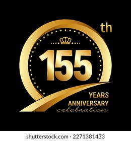 155th Anniversary Celebration Logo design with golden ring and crown for anniversary celebration event, invitation, wedding, greeting card, banner, poster, flyer, brochure. Logo Vector Template