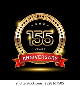 155th anniversary celebration logo design with golden color emblem style and red ribbon, vector template