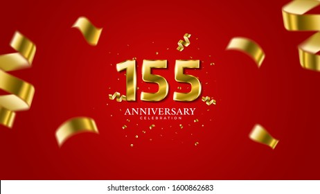 155th anniversary. Gold Numbers with shadow and sparkling confetti. Modern elegant gradient red background design vector EPS 10. For wedding party or company event decoration.