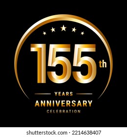 155th Anniversary, Logo design for anniversary celebration with gold ring isolated on black background, vector illustration