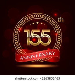 155th Anniversary logo design with golden number and red ribbon for anniversary celebration event, invitation, wedding, greeting card, banner, poster, flyer, brochure, book cover. Logo Vector Template