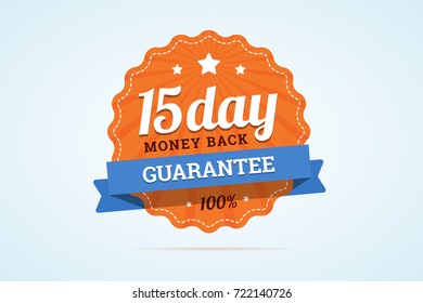 15-day money back guarantee badge. Paper sign in flat style with ribbon, stroke line, stars and rays. Vector illustration in flat style.