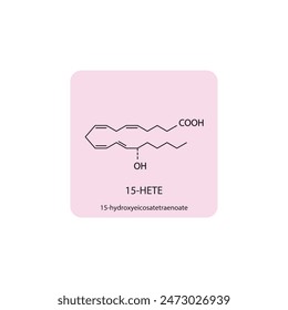 15HETE, 15-hydroxyeicosatetraenoate skeletal structure diagram.prostanoid compound molecule scientific illustration on pink background.