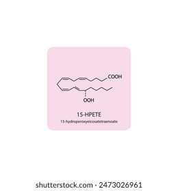 15HPETE, 15-hydroperoxyeicosatetraenoate skeletal structure diagram.prostanoid compound molecule scientific illustration on pink background.