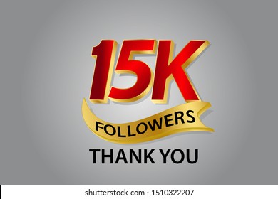 15K, 15.000 Followers anniversary, minimalist logo years, jubilee, greeting card. invitation. Sign Ribbon Gold space Red and Gold number vector illustration on black background - Vector