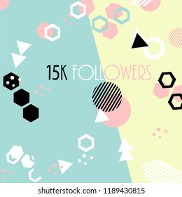 15k followers card banner template for celebrating many followers in on-line social media networks.Vector pattern of coloured likes 15K subscribers