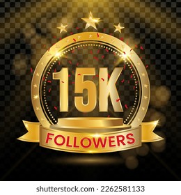 15K Followers Logotype with Gold and red Confetti Isolated on Black Background (PNG), Vector Design for Greeting Card and Social Media.