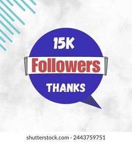 15k thankyou follower label badge with blue, red and white color theme. Vector greeting art work isolated on a white background.