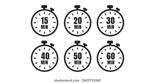 15-Minute, 20, 30-Minute, 40, 60-Minute Timer Clock, Stopwatch Icon Set. Stopwatch Time Countdown Clipart for Fitness, Workout, and Productivity. Timer Icon Vector, Illustration Template Design Set.