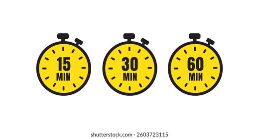 15-Minute, 30-Minute, 60-Minute Timer Clock, Stopwatch Icon Set. Stopwatch Time Countdown Clipart for Fitness, Workout, and Productivity. Timer Icon Vector, Illustration Template Design Set.