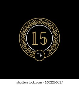 15st anniversary logo with gold and white frame and color. on black background