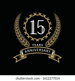 15st anniversary logo with gold and white frame and color. on black background