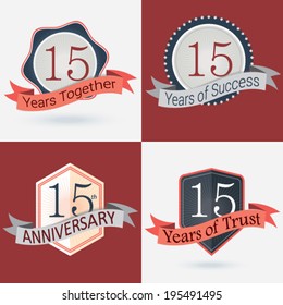 15th Anniversary / 15 years together / 15 years of Success / 15 years of trust - Set of Retro vector Stamps and Seal  