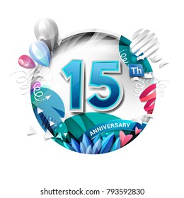 15th anniversary background with balloon and confetti on white. 3D paper style illustration. Poster or brochure template. Vector illustration.