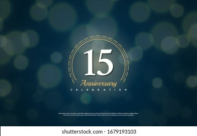 15th anniversary background with an illustration of white gold writing figures below there is a blur circle on the back.