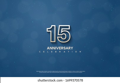 15th anniversary background with illustrations of figures and writing below on a dark blue background.