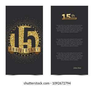 15th anniversary card with gold elements. Vector illustration.