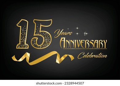 15th Anniversary Celebrating golden text and confetti on dark background with numbers. 