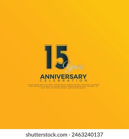 15th Anniversary celebration, 15 Anniversary celebration, Realistic 3d sign, stars, festive illustration, Orange Yellow background with Dark Blue number 15,16