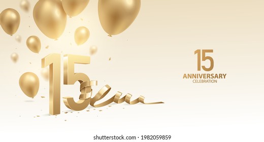 15th Anniversary celebration background. 3D Golden numbers with bent ribbon, confetti and balloons.
