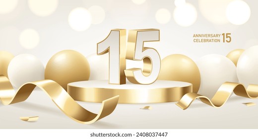 15th Anniversary celebration background. Golden 3D numbers on round podium with golden ribbons and balloons with bokeh lights in background.