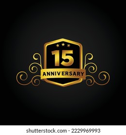 15th anniversary celebration background. Vector illustration, Beautiful greeting banner poster and golden logo with gold text word and gold number.