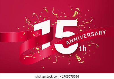 15th Anniversary celebration banner template. Big numbers with sparkles golden confetti and red ribbon. Festive event background. Realistic 3d style. Vector illustration.