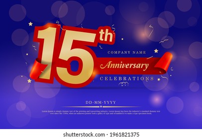 15th Anniversary celebration. Celebrating 15 years logo with confetti in Blue Background. Golden number 15 with sparkling confetti. 