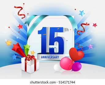 15th anniversary celebration with colorful confetti and balloon with shiny blue background