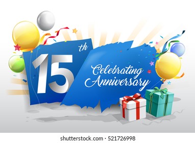 15th anniversary celebration with colorful confetti and balloon on blue background with shiny elements. design template for your birthday party.