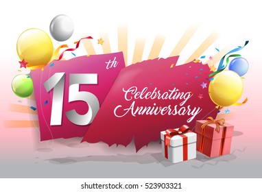 15th anniversary celebration with colorful confetti and balloon on blue background with shiny elements. design template for your birthday party.