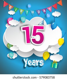 15th Anniversary Celebration Design, with clouds and balloons, confetti. Vector template elements for your, fifteen years birthday celebration party.