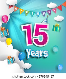 15th Anniversary Celebration Design, with clouds and balloons. using Paper Art Design Style, Vector template elements for your, fifteen years birthday celebration party.