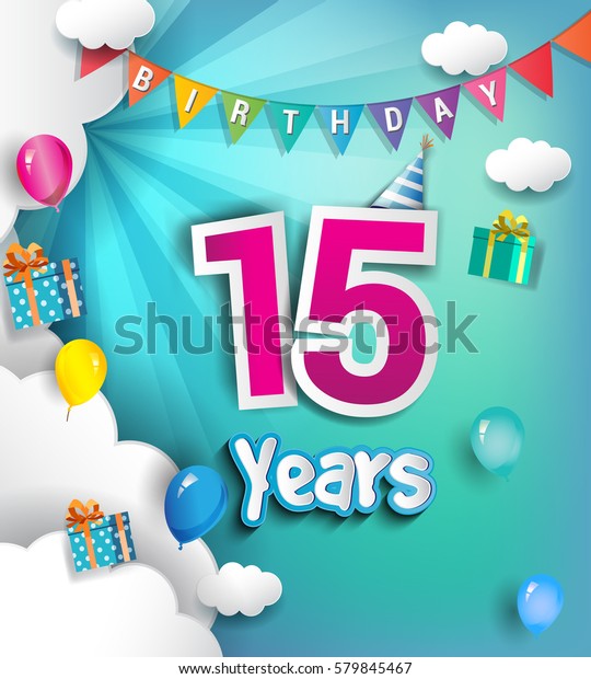 15th Anniversary Celebration Design Clouds Balloons Stock Vector ...