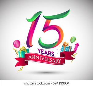 15th Anniversary Celebration Design, with gift box and balloons, Red ribbon, Colorful Vector template elements for your, fifteen years birthday celebration party.