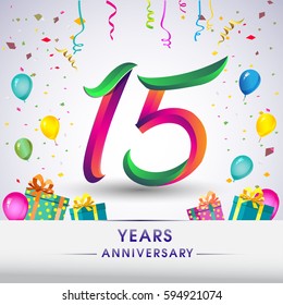 15th Anniversary Celebration Design, with gift box, balloons and confetti, Colorful Vector template elements for your, fifteen years birthday celebration party.