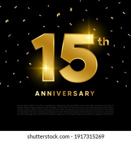 15th anniversary celebration with gold glitter color and black background. Vector design for celebrations, invitation cards and greeting cards.