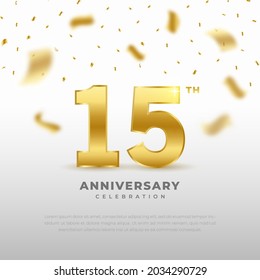 15th anniversary celebration with gold glitter color and white background. Vector design for celebrations, invitation cards and greeting cards.