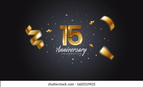 15th anniversary celebration Gold numbers with dotted halftone, shadow and sparkling confetti. modern elegant design with black background. for wedding party event decoration. Editable vector EPS 10