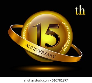 15th anniversary celebration with gold ring and laurel on black isolated background