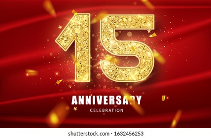 15th Anniversary celebration. Golden glitter numbers with sparkling confetti. Vector festive illustration. Realistic Party event decoration.