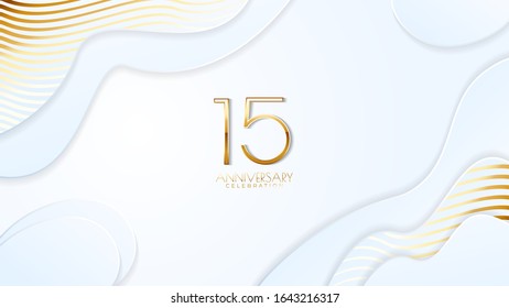 15th anniversary celebration. Golden number with realistic fluid white background. Realistic 3D sign modern elegant can be used for a company or wedding. editable design vector EPS 10.