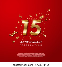 15th Anniversary celebration. Golden number 15 with sparkling confetti, stars, glitters and streamer ribbons on red background. Vector festive illustration. Birthday or wedding party event decoration