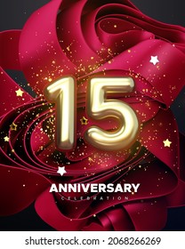 15th Anniversary celebration. Golden number 15 with sparkling confetti, stars, glitters on red fabric ruffles background. Vector festive illustration. Birthday or wedding party event decoration.