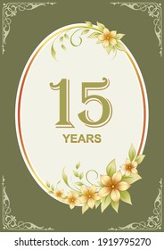 15th Anniversary celebration, greeting card with flowers in an oval frame on a green background with a pattern, happy birthday 15 years. Vector illustration